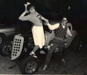Publicity photo for the production of "Grease".  This was such a fun night in the parking lot of the Olmos Pharmacy with the local car club. Yes, I played the obnoxious cheerleader Patty Simcox!  